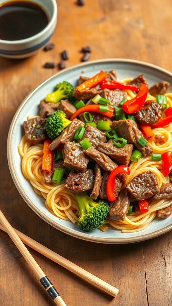 A plate of beef stir-fried noodles with vegetables, garnished with green onions, on a rustic wooden table.